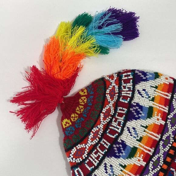 Colorful Andean Peruvian Knit Tassel Winter Hat Beaded Embroidered Boho main image 13